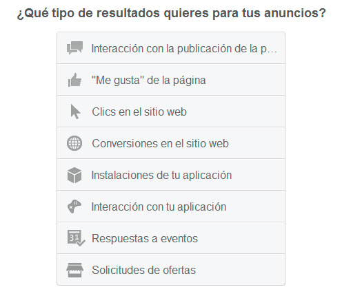 Tipos anuncios Facebook Ads